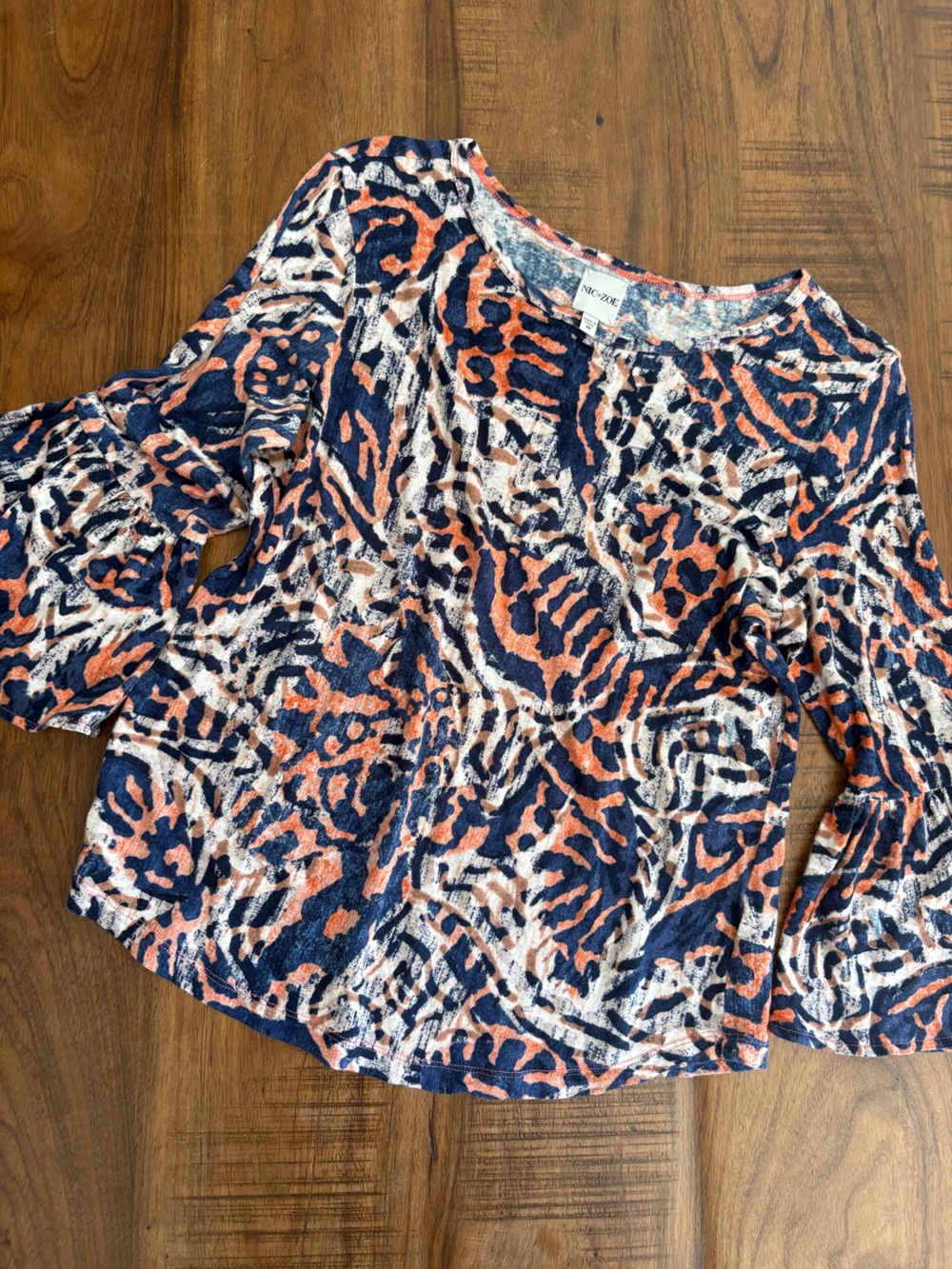 NIC+ZOE Navy, Coral & White Printed Bell-Sleeve Top Med - Picture 5 of 6